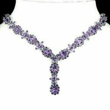 Silver Necklace Purple Amethyst Genuine Natural Gems Solid Sterling 17 1/2 Inch