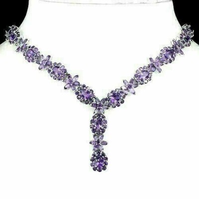 Silber Halskette lila Amethyst echte natürliche Edelsteine massiv Sterling 17 1/2 Zoll