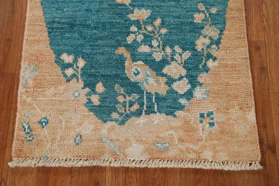 Vegetable Dye Pictorial Teal Blue Oushak Turkish Rug 2x4 ft. Hand-knotted - Image 4 of 4