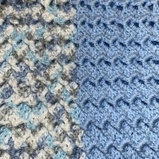Handmade Crochet Baby Blanket Blue, Gray, White.