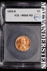 1955-D Lincoln Wheat Cent-ICG MS 66 RD Choice Gem BU No Reserve #SLL1019