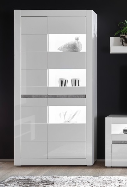 Vitrine Standvitrine Carat 100Cm Led Weiß Hochglanz Beton Grifflos Mdf-image