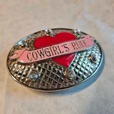 Nocona Cowgirls Rule Y2K Belt Buckle Silver Red Heart Pink Banner Rhinestone