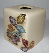 NEW Croscill Ceramic Porcelain Tissue Box Cover Mosaic Leaves Bathroom
