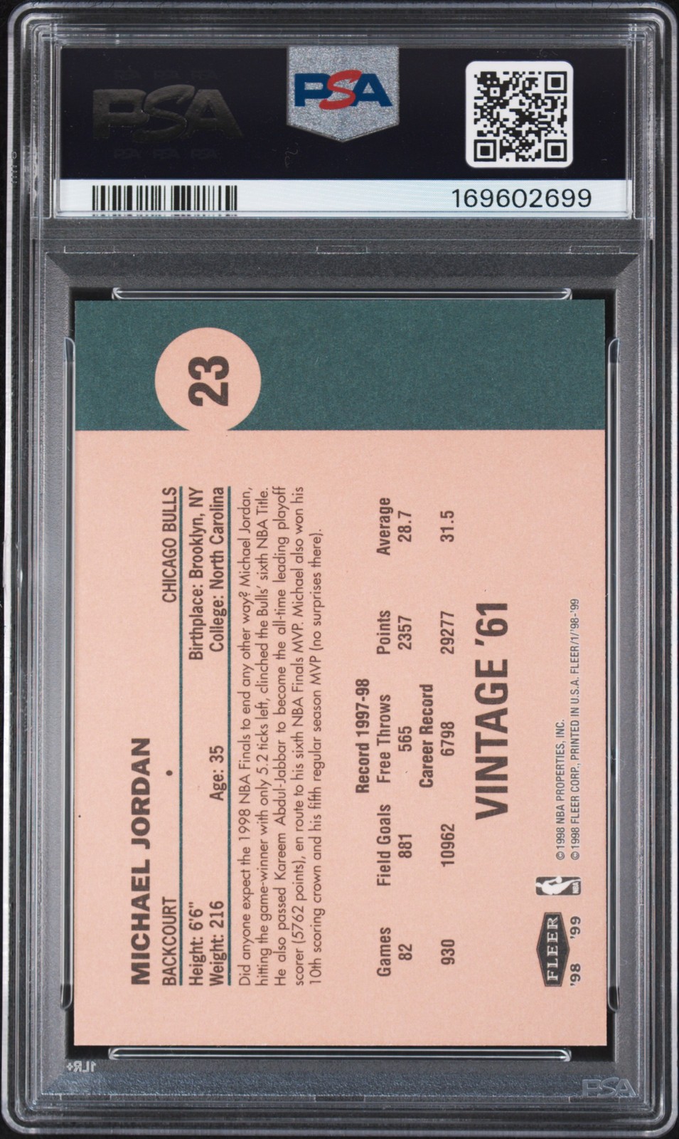 1998 FLEER TRADITION VINTAGE '61 #23 MICHAEL JORDAN PSA 9 view 2