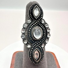 Vintage 80s Style Statement Ring Clear Rhinestone Gunmetal Oval Filigree Size 6