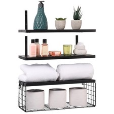 3 Pack Black Wooden Floating Shelves 42cm/16.5In Long - Rustic Wall-Mounted