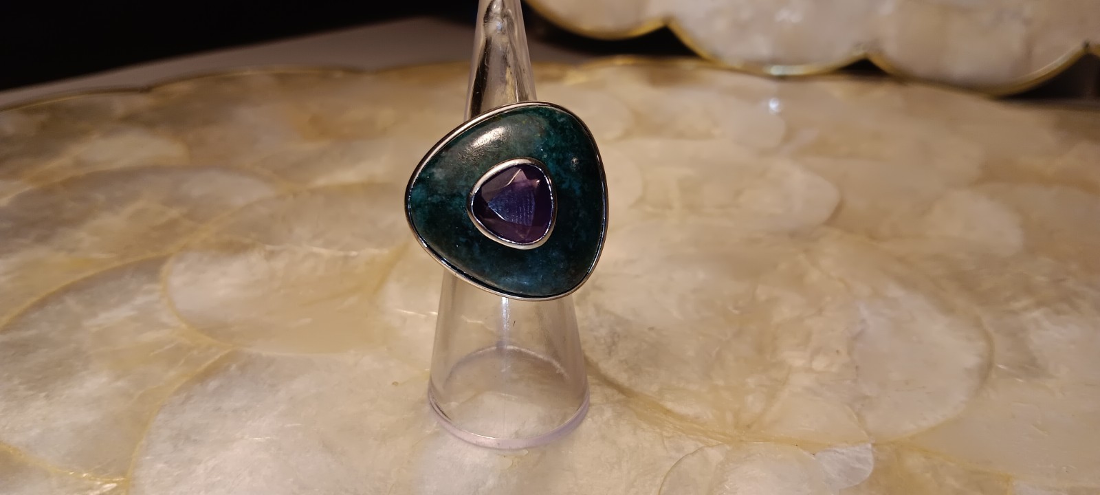 Turquoise Triangle Centered Amethyst Ring Abstrac… - image 17