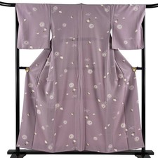 Fine Pattern Kimono M Cherry Blossom Purple Silk 155cm Sleeve 66cm Used