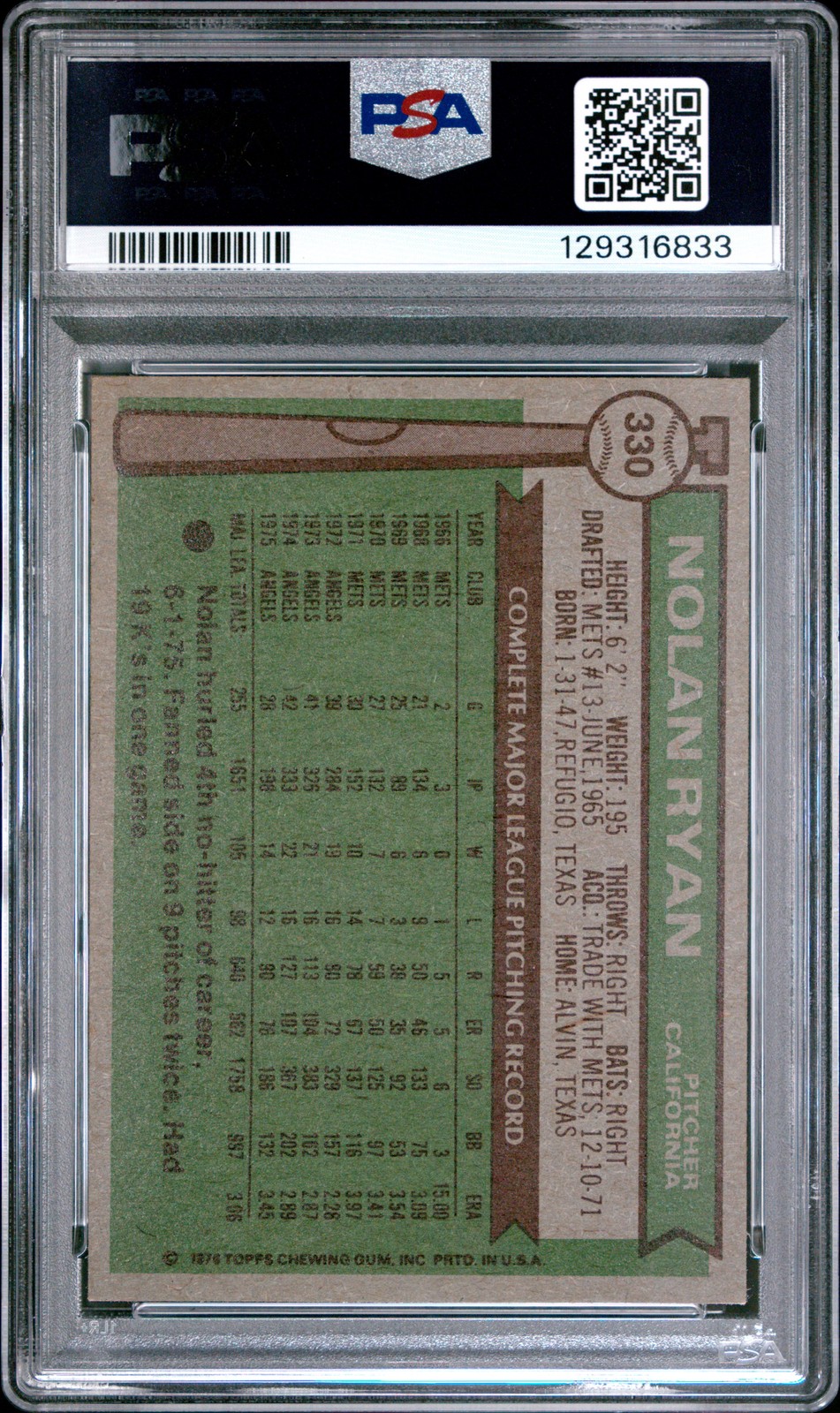 1976 TOPPS #330 NOLAN RYAN PSA 4 view 2