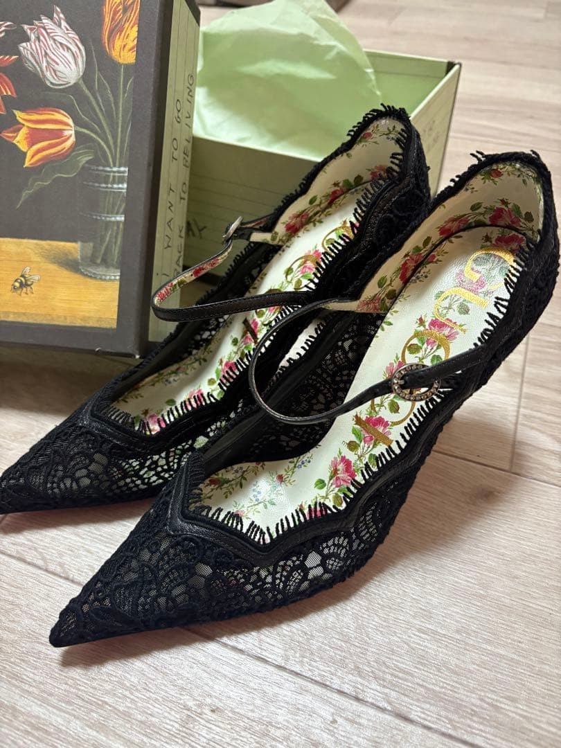 Auth Gucci Design Strap Pumps Leather Black Logo Heel EU38.5 US8.5 UK5.5