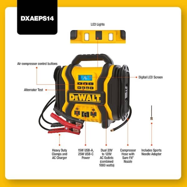 DEWALT DXAEPS14 Portable Jump Starter With 2000 Peak Amps & Built-In Digital Air Compressor (Used)