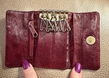 Burgundy Red Genuine Eel Skin Leather Key Wallet w/ Zip Pouch Vintage