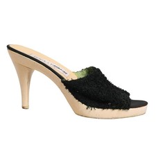 DOLCE & GABBANA Schuhe Schwarz Stoff Fell Pantolette Holz Plateau Absatz EU39...