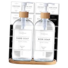 Glass Soap Dispenser Set - Kitchen Soap Clear Bottle / Bamboo Pump and Tray