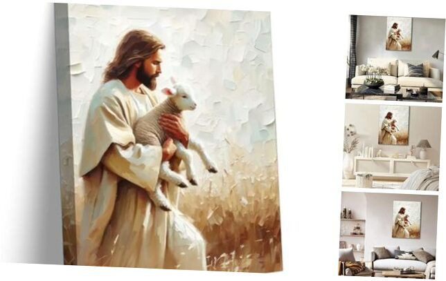 Jesus and Lamb Religious Canvas Art Bible Story of the Lost Sheep