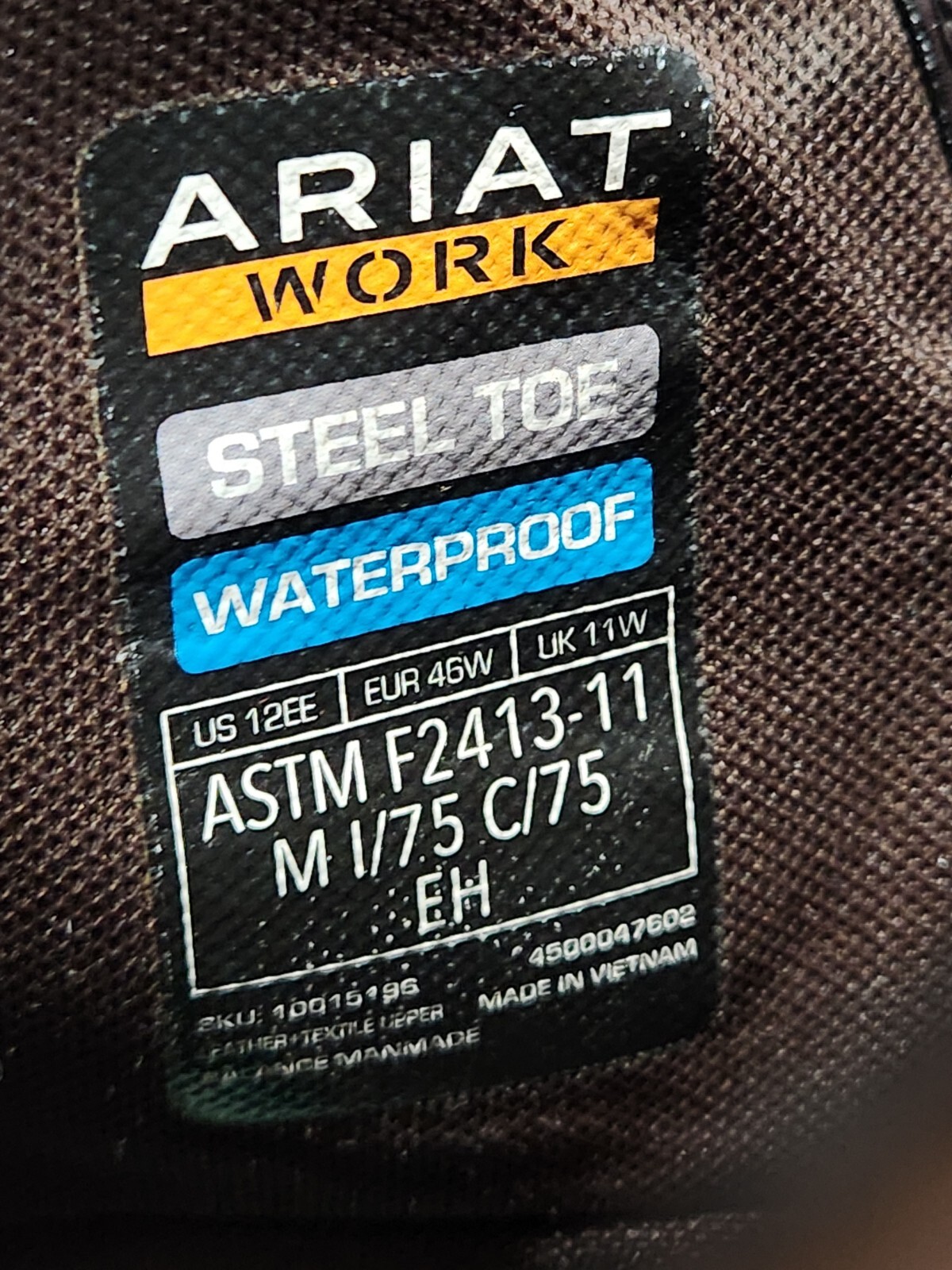 Ariat Work Steel Toe Waterproof Leather Men Boot ASTM F241311 Size 12