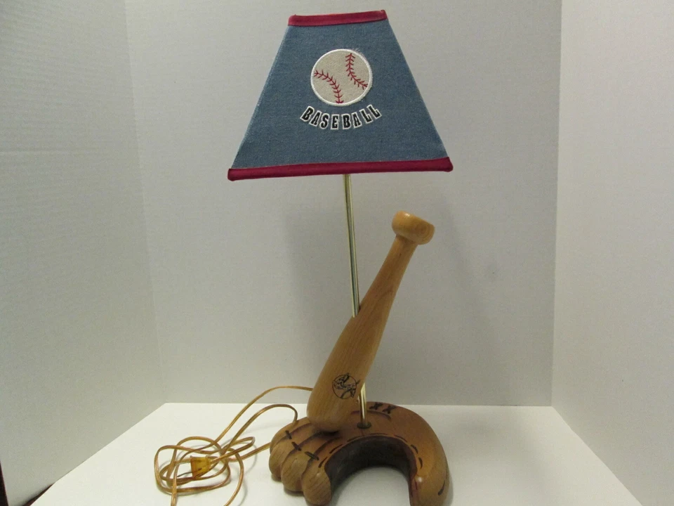 Baseball Table Lamp, Wood Base, Glove and Bat, Denim Blue Shade - Image 4 of 4