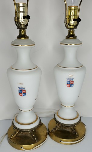 Pair of French White Glass Hand painted w/Gold, Brass Bases Hollywood Regency - Picture 6 of 12