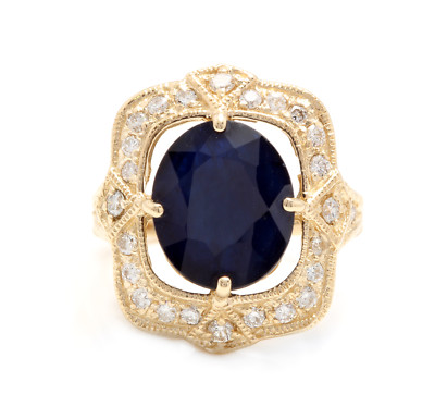 6.70Ct Natural Blue Sapphire & Diamond 14K Yellow Solid Gold Ring