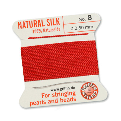 Griffin 100% Naturseide rot Perlseide, Perlfaden; 2m 1 Nadel; versch. Stärken