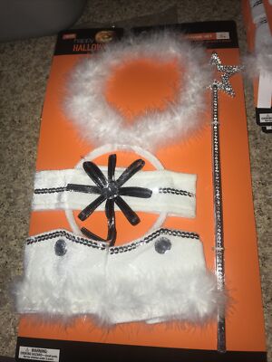White Angel Costume Dress Up 5 pc Headband cuffs choker Wand w/Feathers girls 3+