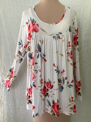 CATHY Top Plus 3X Roses Scoop Neck Long Sleeve Rayon/Spandex ~ EUC