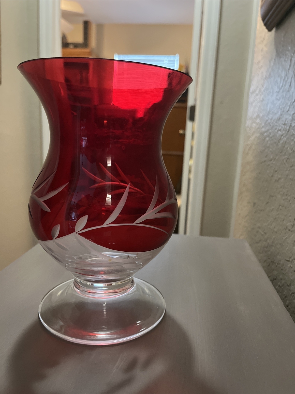 Lenox Petite Floral Christmas Ruby Red Hurricane Glass Etch Ribbon