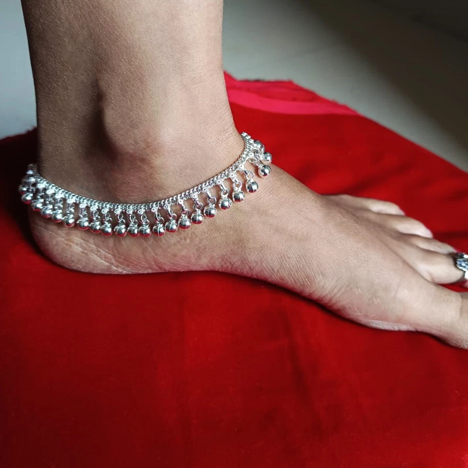 Tobillera hecha a mano de plata pura para mujer joyería tradicional india de danza del vientre Foto 2 de 4