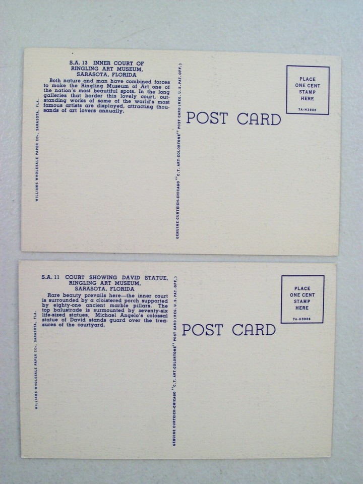 2 Vintage Linen Postcards, Inner Court Ringling Art Museum, Sarasota FL