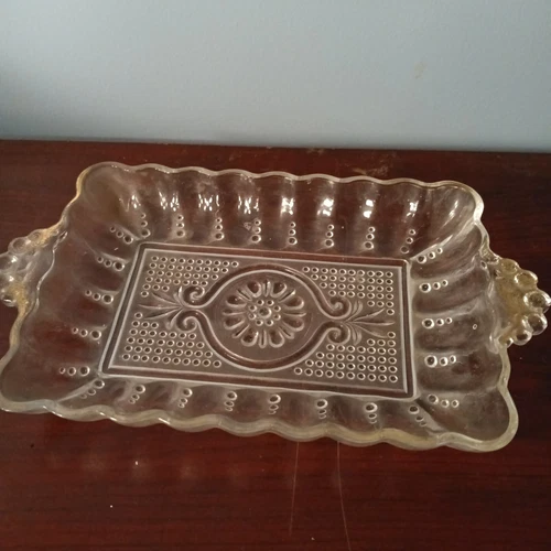 Vintage Anchor Hocking Pressed Glass Relish Dish, with handles, scalloped edges