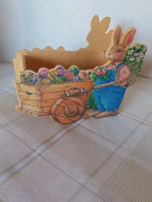 Wooden Easter Bunny Pushing Cart  Candy/Egg Holder Decoration With Insert
