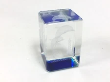 Clear Art Laser Etched Glass Paperweight Dolphin Over The Lighthouse 1"3/4 tall