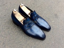 Handmade Men's Leather Stylish Classic Formal Blue Stylish Loafers Shoes-1005