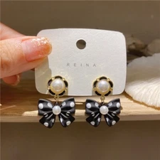 White Pearl Bow Drop Dangle Earrings for Women, Elegant Pearl Earrings,Gifts