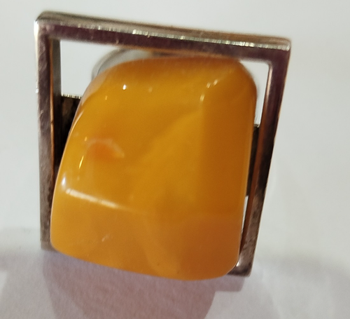 VINTAGE Huge Modernist 925 SILVER Egg Yolk Baltic Amber ring T adjustable - Picture 7 of 11