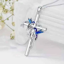 Blue Bird Hummingbird Cross Pendant Necklace Silver Toned Jewelry Gift New