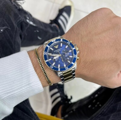 NEU EMPORIO ARMANI HERREN UHR STAHL BLAUES ZIFFERBLATT ZWEIFARBIGES ARMBAND AR11362 UK