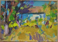 Ukrainian acrylic painting Impressionism spring village house yard sunny day