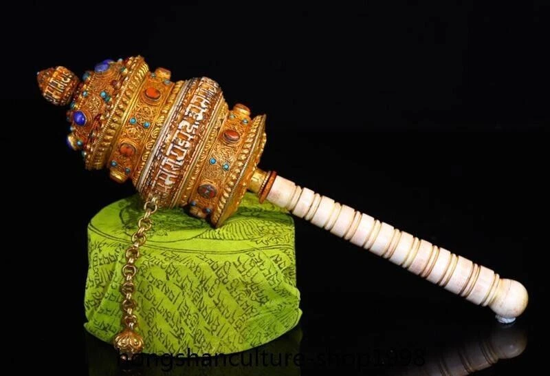 13" bronce plata incrustación gema oro instrumentos budistas exorcismo urdimbre rueda de oración Foto 3 de 4