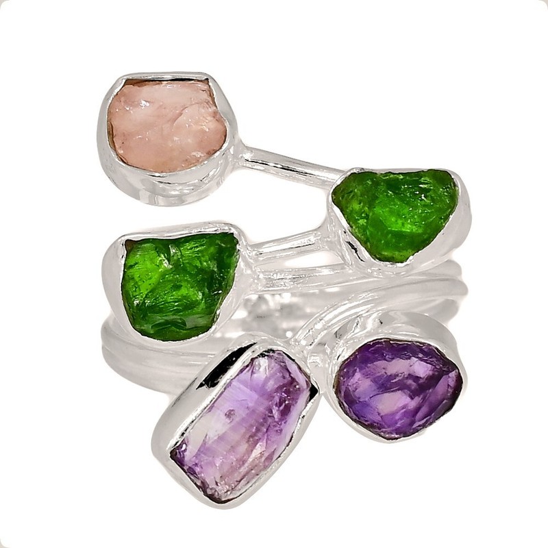 Natural Chrome Diopside, Amethyst & Morganite 925 Silver Ring s.6.5 CR68028