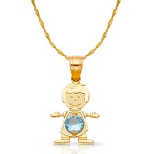 14K Yellow Gold Birthstone CZ Boy Charm Pendant 0.9mm Singapore Chain Necklace