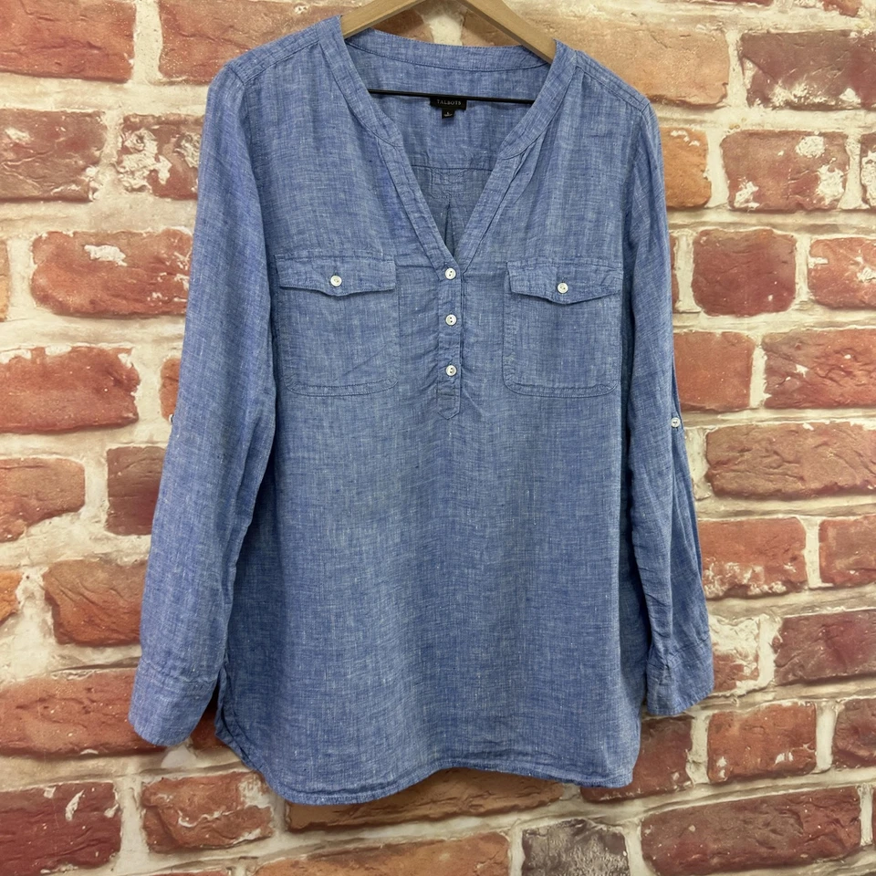 Camiseta túnica informal Henley Popover 100 % lino azul grande de Talbots para mujer Foto 2 de 4