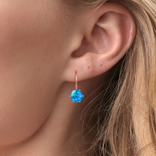 1.50 Ct Round Cabochon Blue Simulated Opal Brass Rose Gold Plated Brass Earrings - Picture 4 of 4