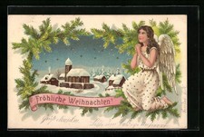Lithographie Weihnachtsengel betet vor dem Ort 1902 