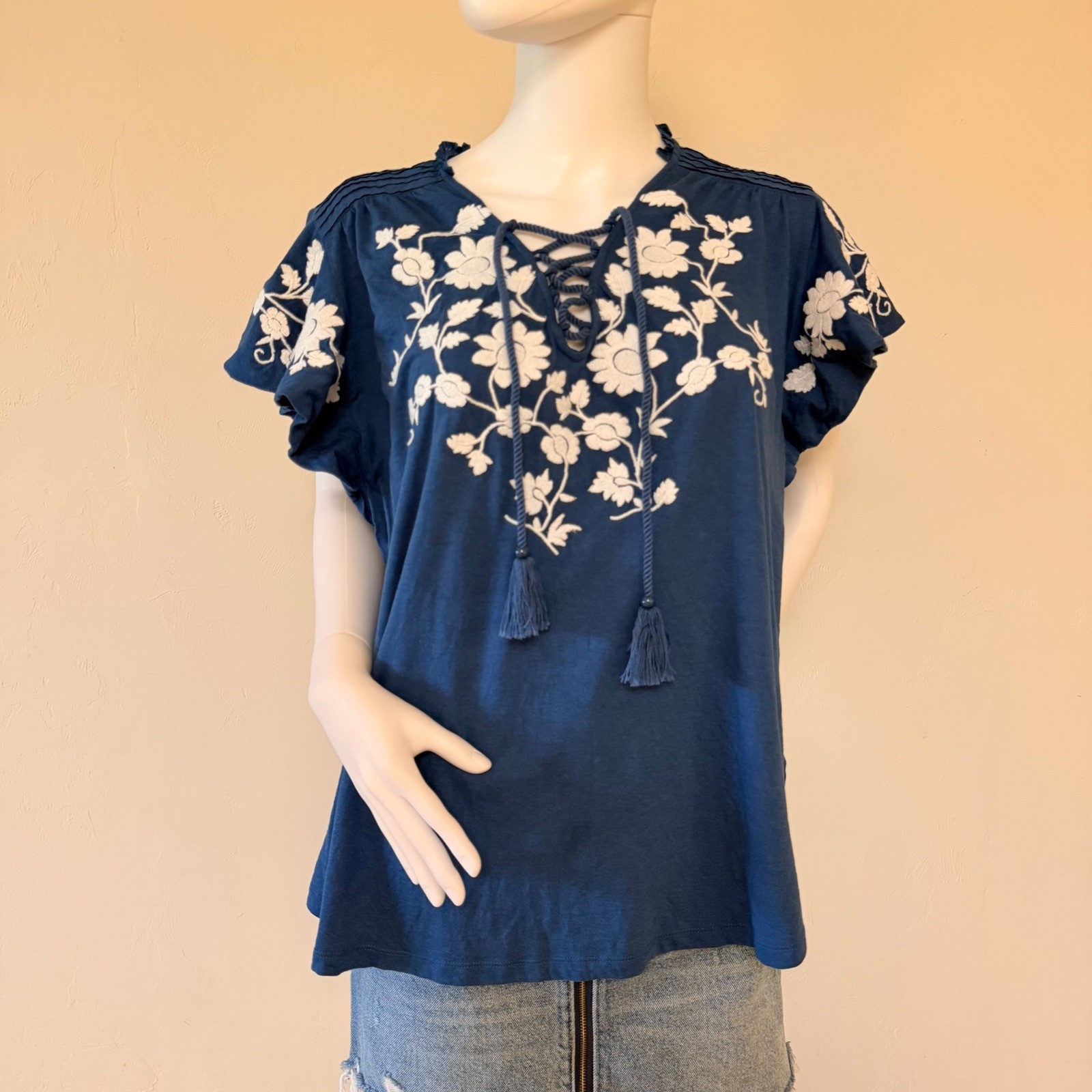 Ralph Lauren Womens Blue Floral Embroidered Tassel Lace Up Flutter Sleeve Top XL