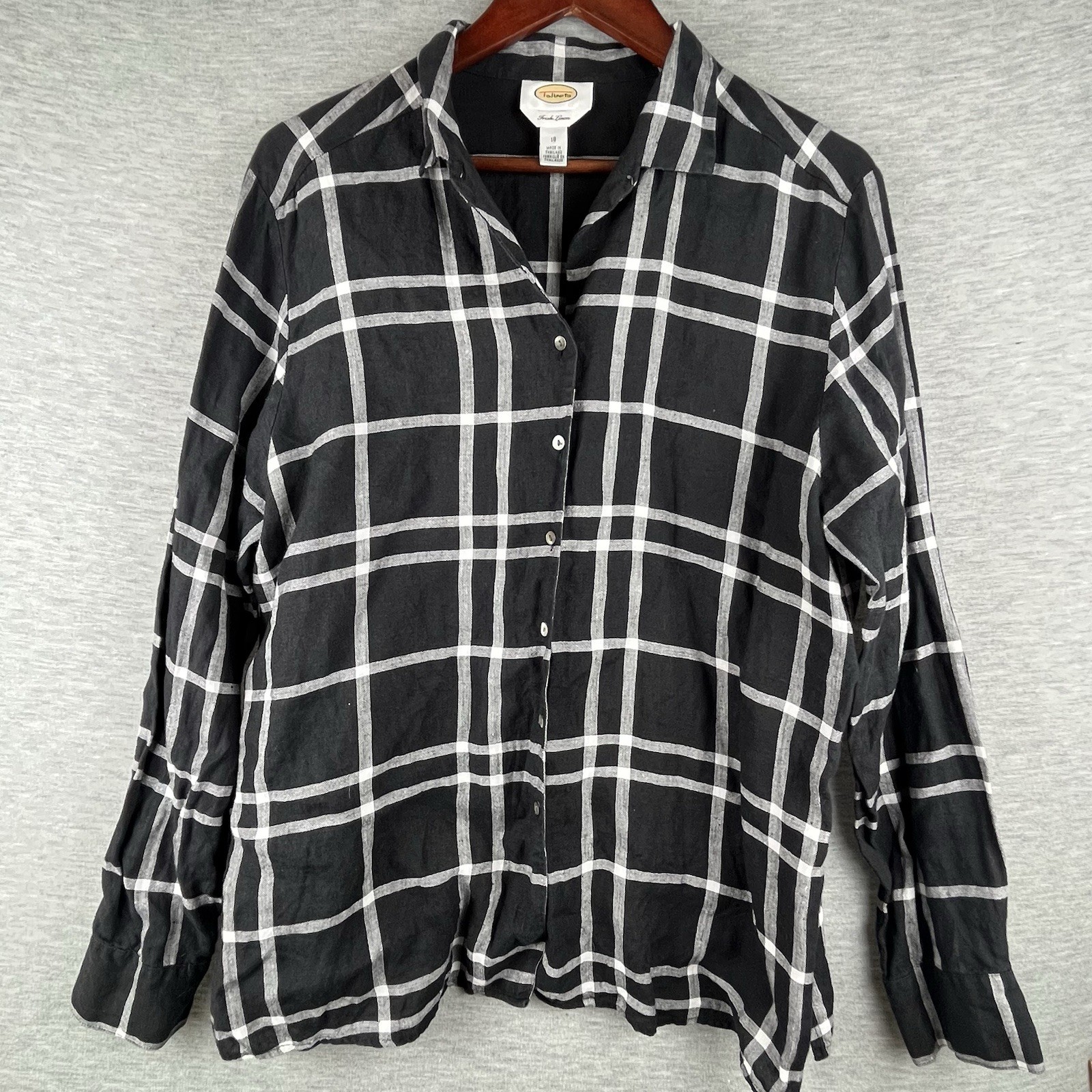 Talbots Women Irish Linen Button Up Shirt Size 18 Black Plaid Beachy Capsule