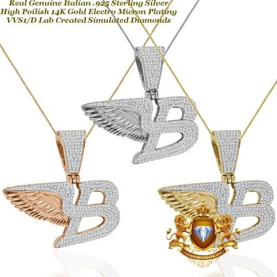 VVS1/D 2.65 Ctw. Sterling Silver Flying B Symbol Logo Charm Pendant +Free Chain