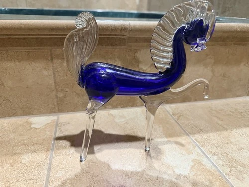 Vintage Murano Figure Horse Hand Blown Blue Clear Glass