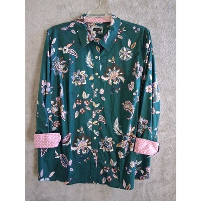 Talbots Shirt 3X Petite Floral Paisley Green Contrast Cuff Button Down Cotton